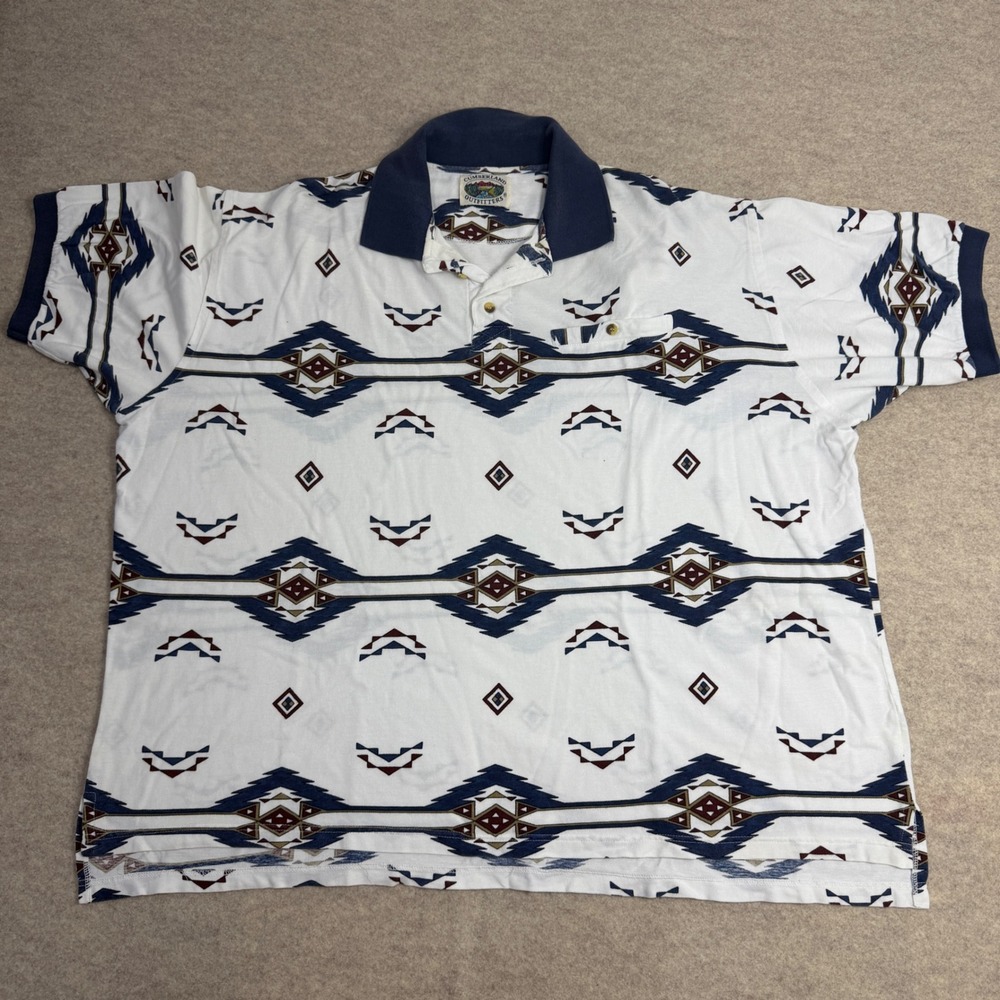 Cumberland Outfitters Mens Aztec Print Polo Shirt White Navy Western XL